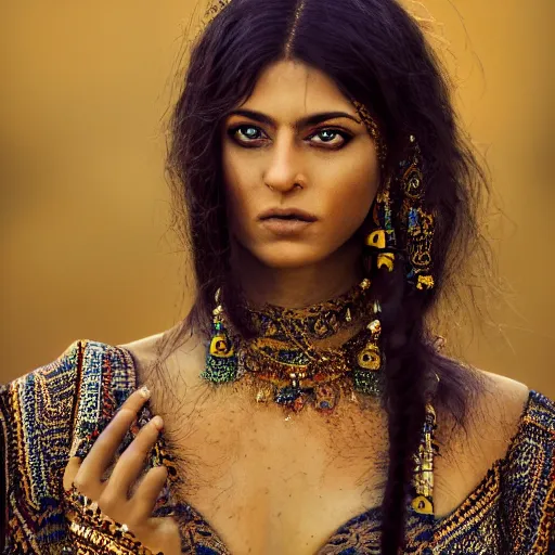 Image similar to portrait of a stunningly beautiful persian tribal female, depth of field, zeiss lens, detailed, symmetrical, centered, fashion photoshoot, by Annie Leibovitz and Steve McCurry, David Lazar, Jimmy Nelsson, Breathtaking, 8k resolution, extremely detailed, beautiful, establishing shot, artistic, hyperrealistic, beautiful face, octane render