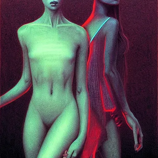 Image similar to charlies angels by beksinski and tristan eaton, dark neon trimmed beautiful dystopian digital art