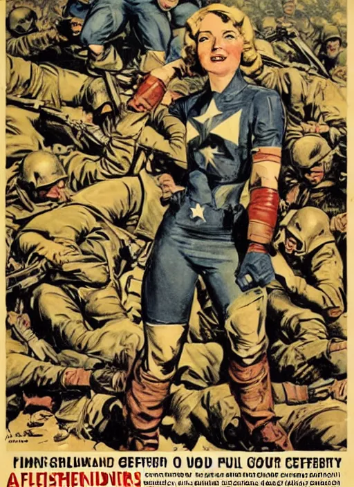 Image similar to female captain america standing on a pile of defeated german soldiers. wwii american propaganda poster by james gurney