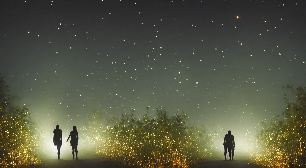 Prompt: a couple walking in the middle of fireflies the color of the moon, cinematic lighting, wow, establishing shot