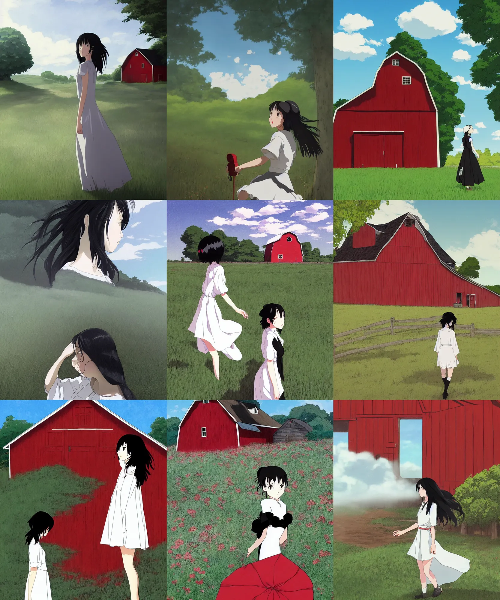 Prompt: a young woman in the shadow! of a red barn!. black hair, white! dress, sharp focus, wide angle, studio ghibli, trending on artstation