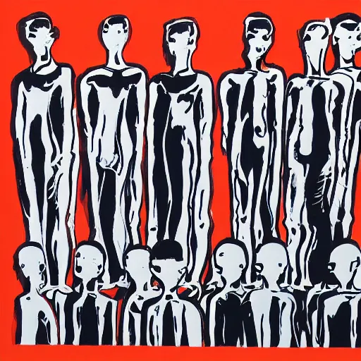 Image similar to screen printing, gouache by toshio saeki, by asger jorn dynamic. a beautiful installation art of a group of people standing in a line. they are all facing the same direction & appear to be waiting for something.