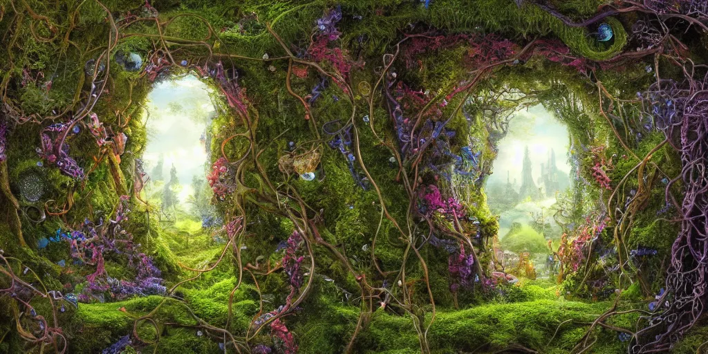 Image similar to a beautiful and highly detailed digital painting of a portal to fairyland, iridescent crystals, moss, multicoloured vines, tangled, the secret garden. intricate details, epic scale, hyperdetailed, hyperrealism,, artstation, cgsociety, 8 k, sharp focus, by caspar friedrich, albert bierstadt, james gurney, brian froud,