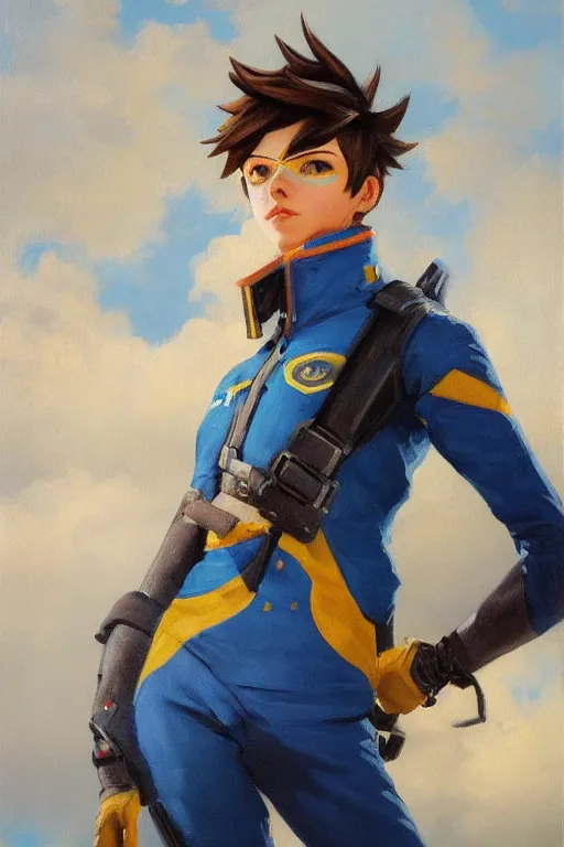 Image similar to oil painting of tracer overwatch in a field wearing blue uniform, in style of ivan aivazovsky, expressive face, detailed face, detailed eyes, full body, feminine face, tracer overwatch,