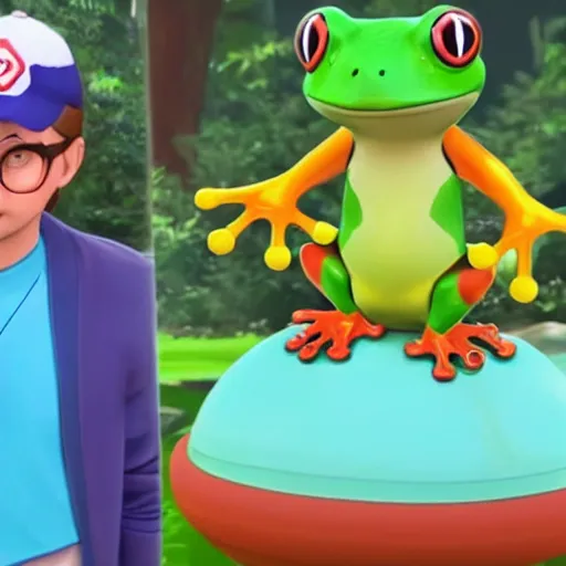 Image similar to frog pokemon trainer, wes anderson, screenshot from pokemon sword and shield