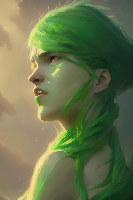 Prompt: character art by greg rutkowski, young woman, green hair, green skin, nature powers, 4 k, arstation, trending