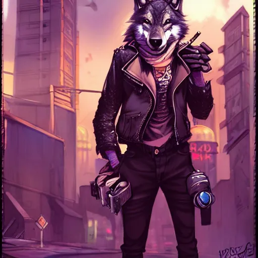 Image similar to beautiful furry art portrait commission of a furry anthro wolf fursona wearing punk clothes in the streets of a cyberpunk city. character design by charlie bowater, ross tran, rick griffin, miles df, detailed, inked, western comic book art