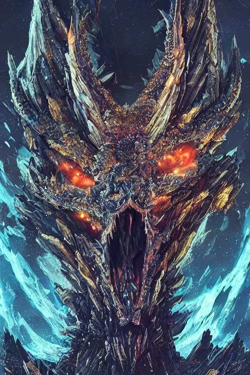 Image similar to A fancy portrait of a crystalized dragon skull by Greg Rutkowski, beeple, Sung Choi, Mitchell Mohrhauser, Maciej Kuciara, Johnson Ting, Maxim Verehin, Peter Konig, final fantasy, macro lens, 35mm, 8k photorealistic, cinematic lighting, HD, high details, dramatic, dark atmosphere, trending on artstation