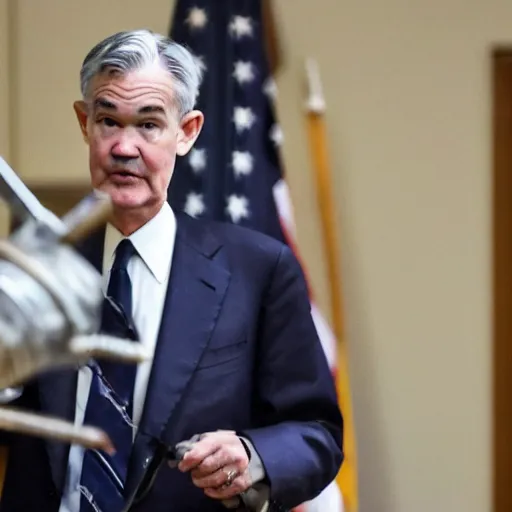 Image similar to photo of Jerome Powell using a flamethrower, highly-detailed, award-winning