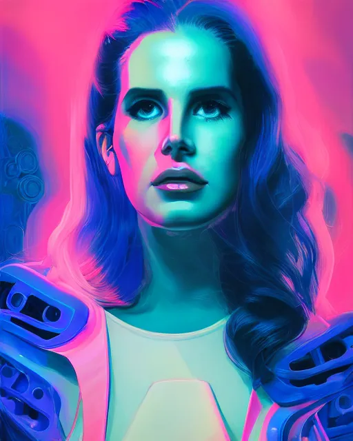 Prompt: portrait of lana del rey as a cyborg. realist abstract. key art. blue, pink, intricate artwork. by tooth wu, wlop, beeple, dan mumford. 8 k octane render, trending on artstation, greg rutkowski very coherent symmetrical artwork. cinematic, hyperrealism, very detailed, iridescent accents