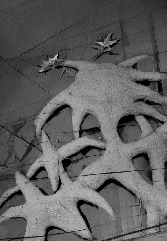 Prompt: North korean kaiju starfish/bull style monster, kaiju-eiga, thriller, monochrome, film grain, flare, backlit