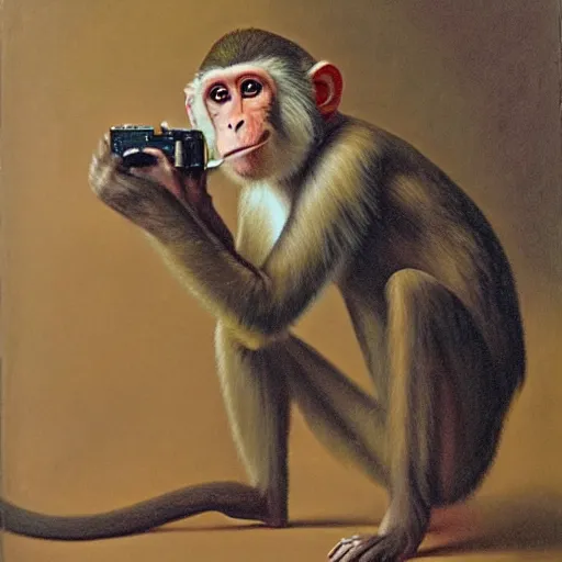 Image similar to portrait of a monkey holding a camera in his hand, oil painting