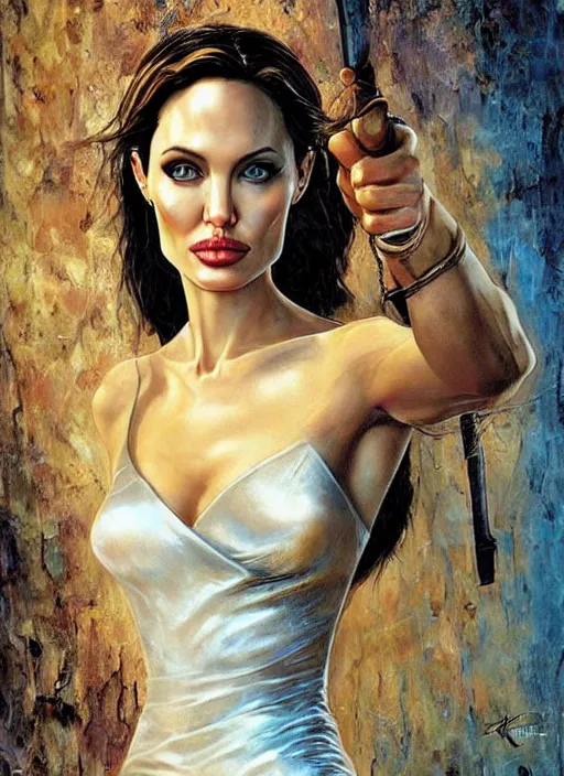 Image similar to Angelina Jolie (Lara Croft / Tomb Raider) is a bride, wedding portrait by Karol Bak