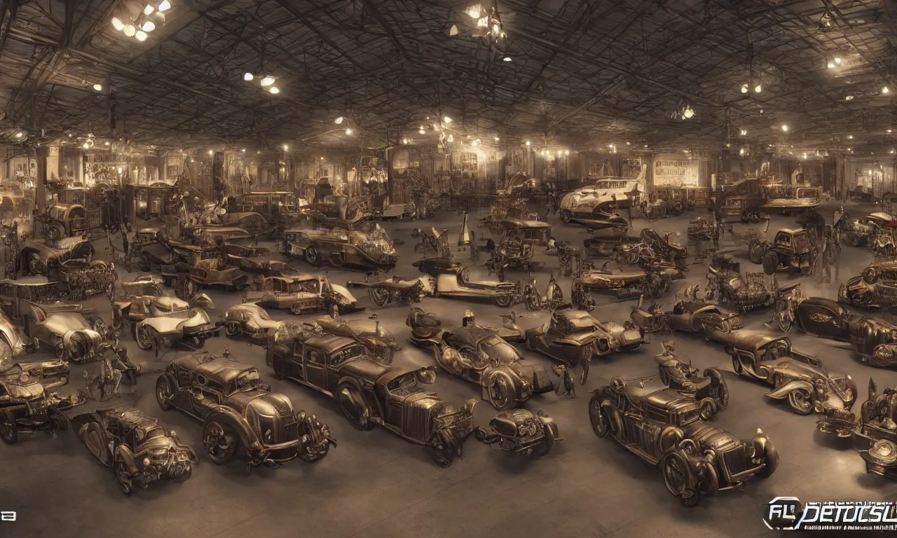 Image similar to exhibition hall of full of restomods cars, steampunk, high detail, shading unreal engine 5, from movie by digital domain and weta digital, strong ambient occlusion