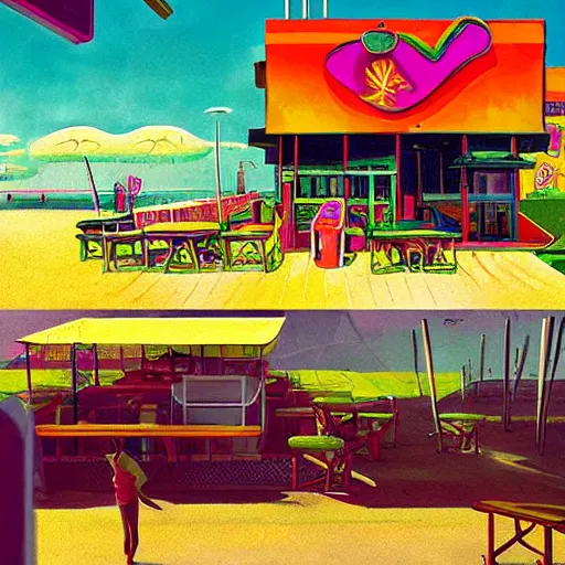 Image similar to psychedelic fast food restaurant near the beach by simon stalenhag