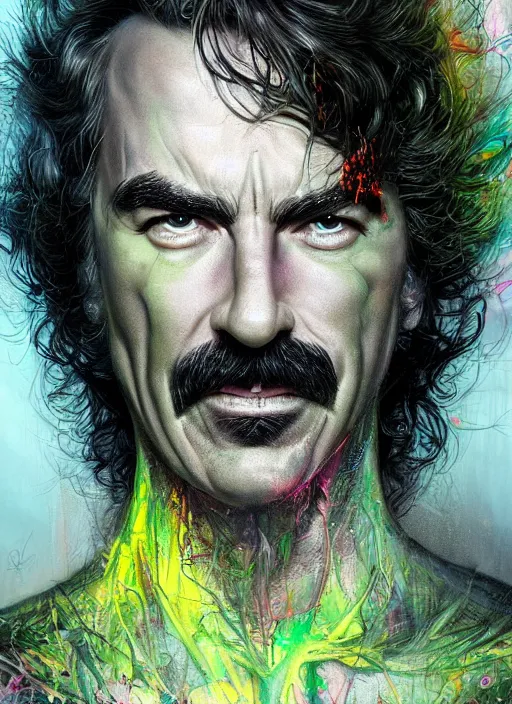 Image similar to a demon slayer portrait of tom selleck, tall, pale - skinned, slender with lime green eyes and long eyelashes by stanley artgerm, tom bagshaw, arthur adams, carne griffiths, trending on deviant art, street art, face enhance, chillwave, maximalist, full of color, glittering