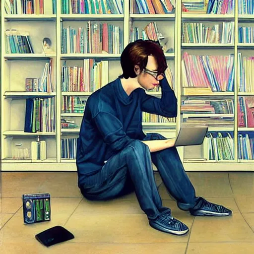 Image similar to a skinny computer nerd guy sitting on the floor of his room, crossed legs, laptop, smartphone, video games, tv, books, potions, jars, shelves, knick knacks, tranquil, calm, sparkles in the air, magic aesthetic, fantasy aesthetic, colorful, whimsical aesthetic, by stanely artgerm, tom bagshaw, arthur adams, cane griffiths, trending on deviantart, street art, face enhance, chillwave, maximalist