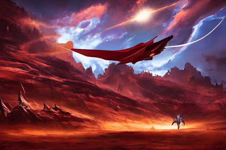 Prompt: a pteranodon mecha fighter zooms through the dark primordial maelstrom void of an HR Giger a painted desert valley, contrails of smoke, nebula and cosmic sky, cinematic lighting, engines blazing robotech mecha styling by Jessica Rossier and John Berkey, cinematic, realistic