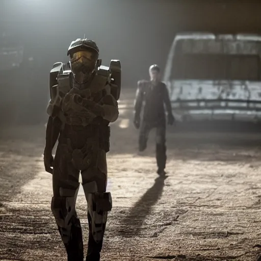 Image similar to NCIS New Orleans actor Rob Kerkovich in the tv series Halo, cinematic film still, atmospheric lighting