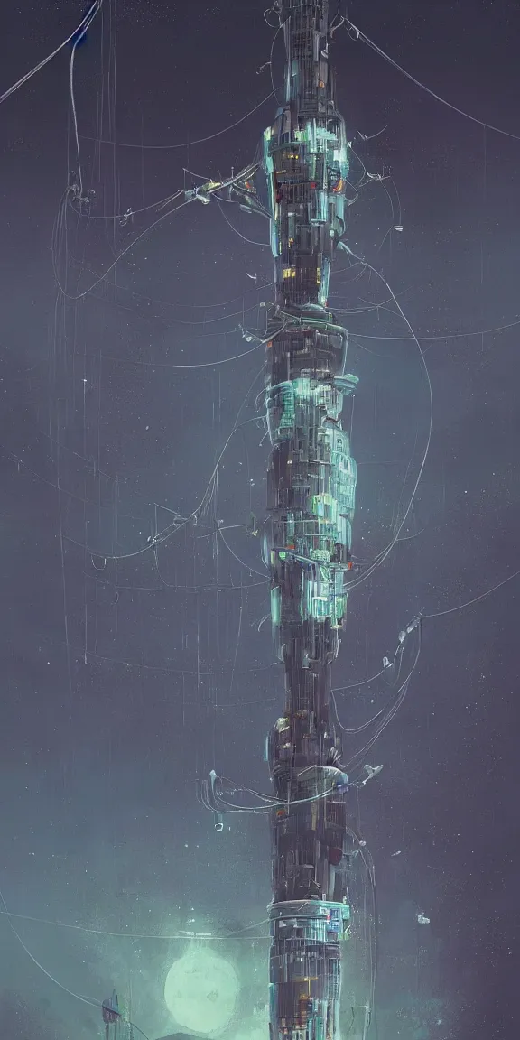 Prompt: tall space elevator with long tendrils, lots of hanging cables and antennas, sci - fi concept art, by john harris, by simon stalenhag, stunning, award winning