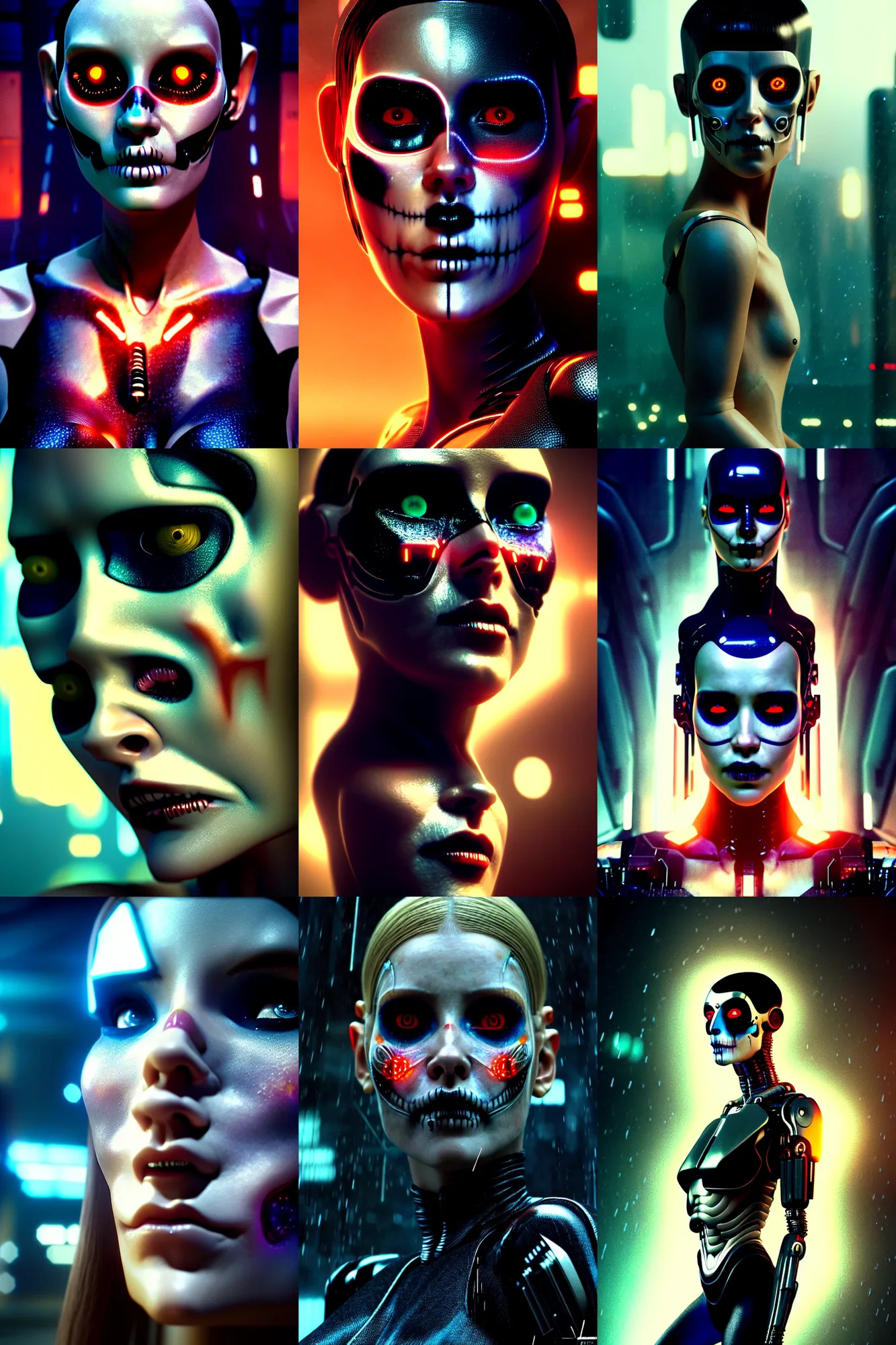 Prompt: crying cyborg woman, octane render, fantasy,'blade runner 2 0 4 7'movie still, pose, photorealistic, cover shot, interstellar, intricate detailed environment. vogue, ( ( ( el dia los muertos ) ) ), 8 k, hd. by terry o'neill and artgerm and wlop and loish and rutkowski and mucha