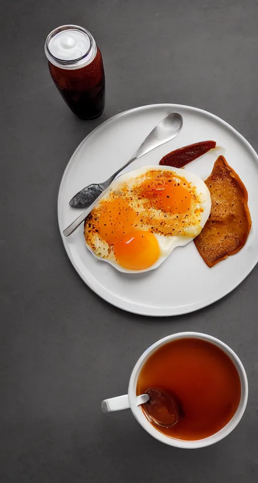 Prompt: warm glass of a mixture of pepsi and milk sitting on a kitchen table with a full english breakfast, early morning, macro photograph, hot garlic coke on the side