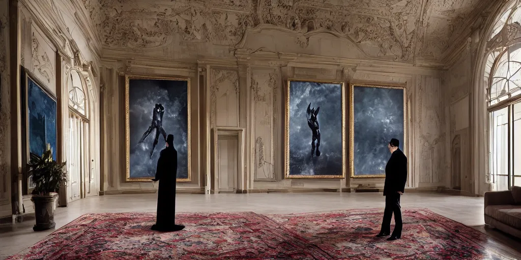 Image similar to Batman standing in giant Italian modern castle living room, clean minimalist design, that is 1300 feet tall, with very tall giant walls filled with modern art paintings, doors that are cosmic portals, photo by Annie Leibovitz