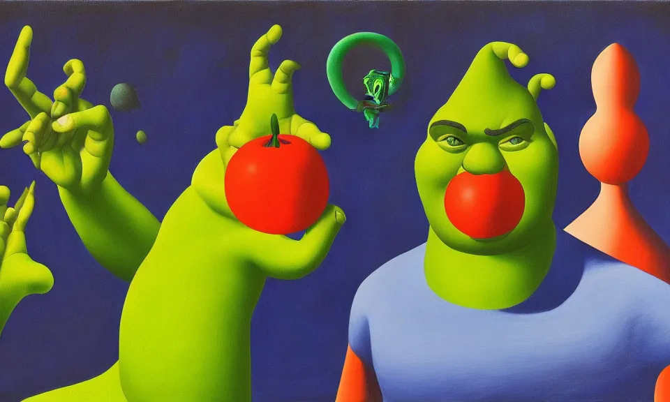 Image similar to a surrealist painting of shrek by alexandr archipenko and rene magritte and joan miro, 4 k, trending on artstation, detailed, film still