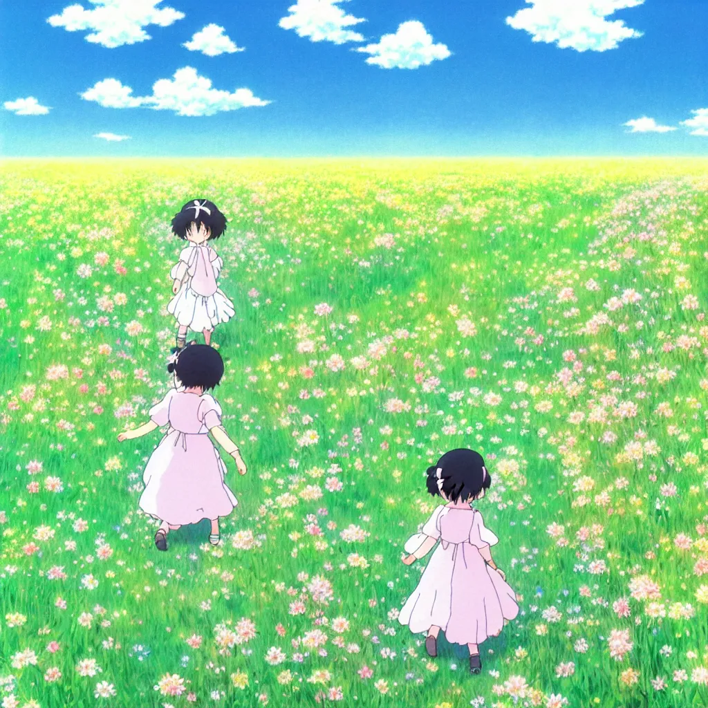 Image similar to little girl in princess dress, walking through a field of flowers, puffy clouds, beautiful, summer, calm, studio ghibli, art by hayao miyazaki, makoto shinkai