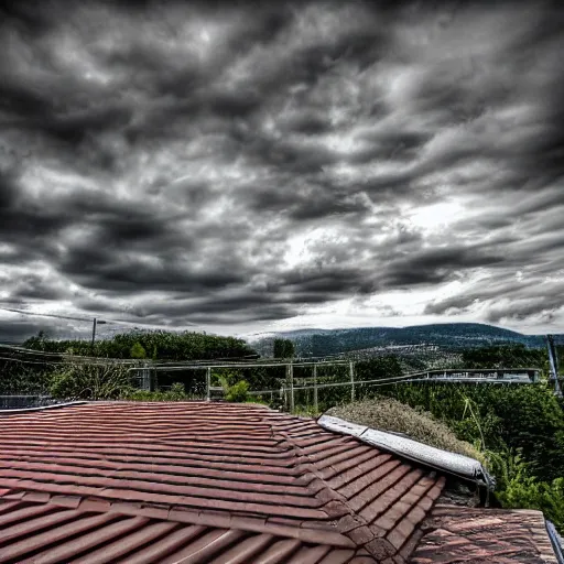 Prompt: a dront sitting on a roof, hdr, photo, 4 k, nikon d 8 5 0, sigma 5 5