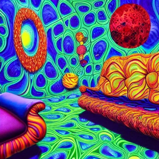 Image similar to psychedelic trippy couch in forest, planets, milky way, sofa, cartoon by rob gonsalves and dale chihuly