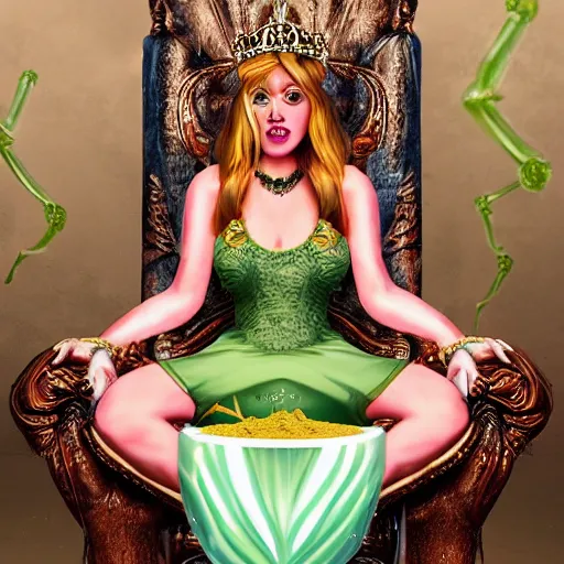 Image similar to princess of cannabis, extremely realistic, sitting a throne made of hemp, smoking a bowl from a huge bong