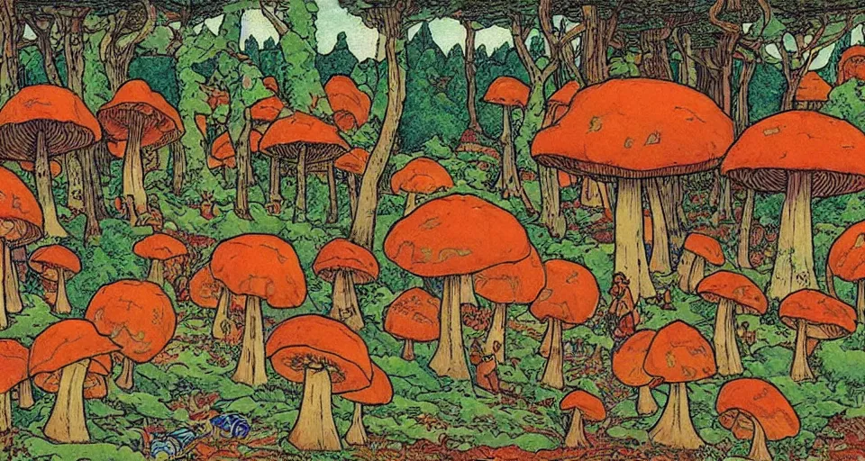 Image similar to A tribal village in a forest of giant mushrooms, by Ivan Bilibin,