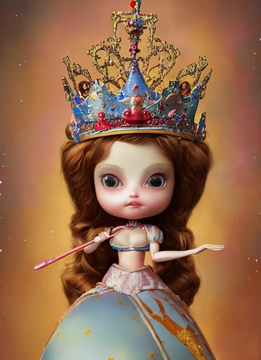 Image similar to highly detailed closeup, profile portrait of a tin toy fairytale princess wearing a crown, bikini, unreal engine, nicoletta ceccoli, mark ryden, earl norem, lostfish, global illumination, detailed and intricate environment