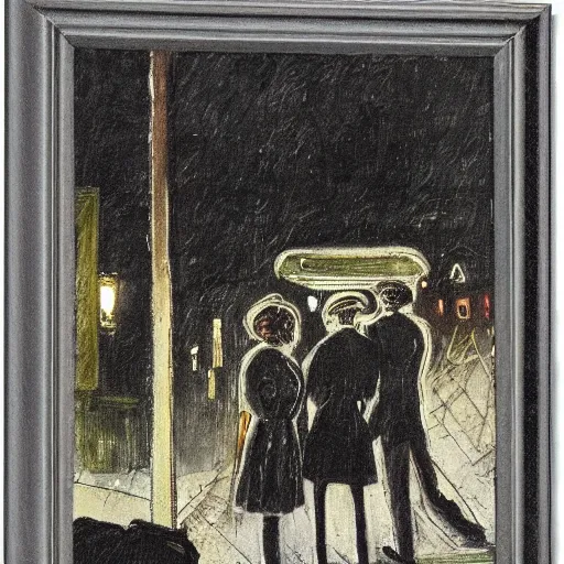 Prompt: a some people waiting in a lone bus stop in quiet dark city night, high quality, high resolution,detailed, by otto dix