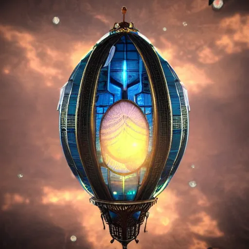 Image similar to enormous flying city faberge egg, sky, steampunk, fantasy art, unreal engine,