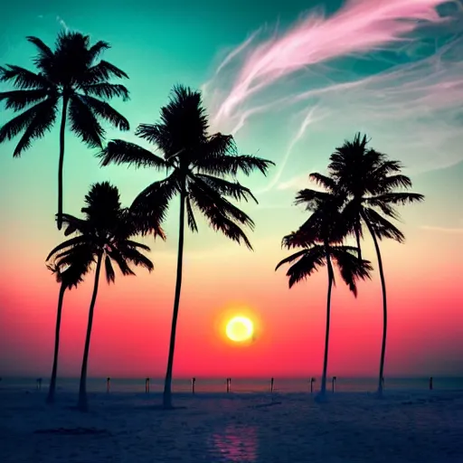 Prompt: palm leaves on the beach, fog, pink-blue-green neon light