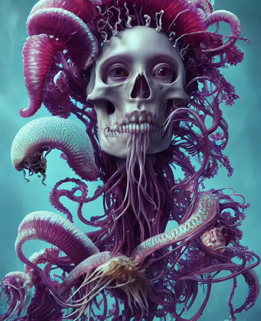 Image similar to goddess close - up portrait human skeleton, ram skull, squid phoenix jellyfish, orchid, betta fish, bioluminiscent, intricate artwork by tooth wu and wlop and beeple. octane render, trending on artstation, greg rutkowski very coherent symmetrical artwork. cinematic, hyper realism, high detail, octane render, 8 k