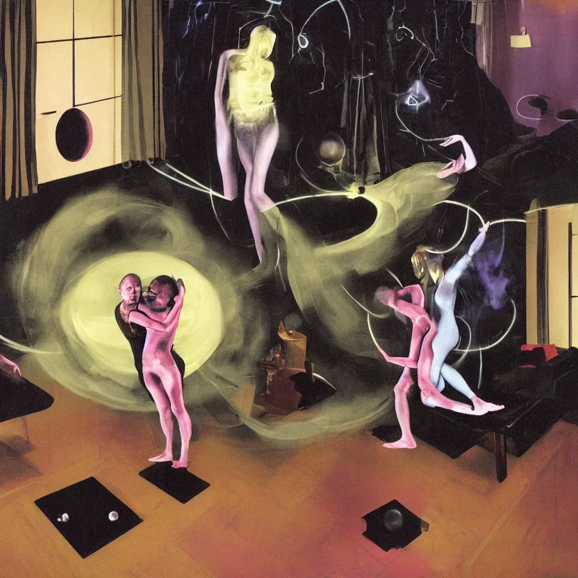 Image similar to Man and woman start to bounce in a living room of a house, floating dark energy surrounds the middle of the room. There is one living room plant to the side of the room, surrounded by a background of dark cyber mystic alchemical transmutation heavenless realm, cover artwork by francis bacon and Jenny seville, midnight hour, part by adrian ghenie, part by jeffrey smith, part by josan gonzales, part by norman rockwell, part by phil hale, part by kim dorland, artstation, highly detailed