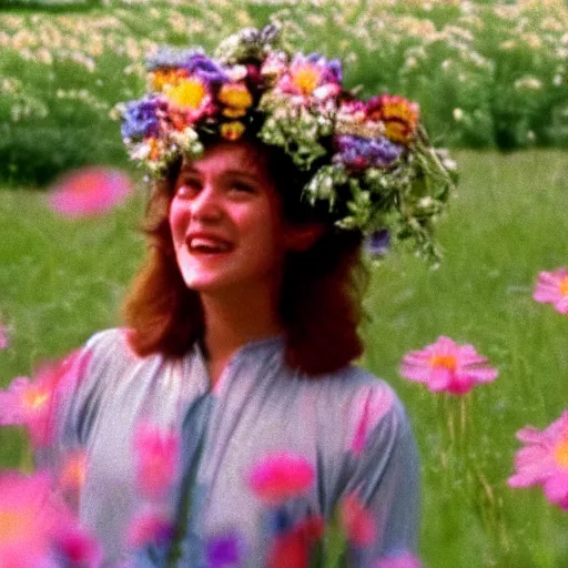 Image similar to vhs 1 9 8 0 s footage of a scene from the movie midsommar, a woman smiling while surrounded by flowers