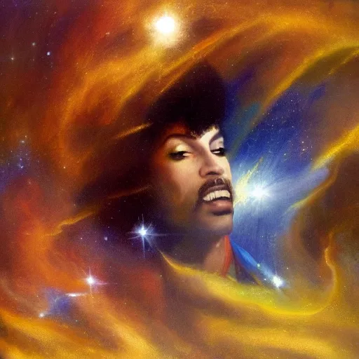 Prompt: a painting of prince in space in the style of jmw turner. trending on artstation.