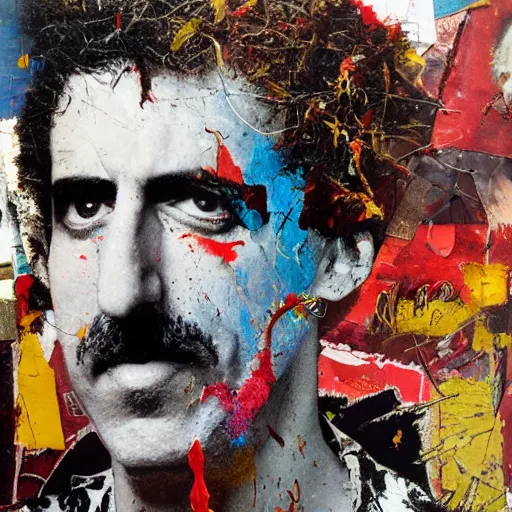 Image similar to hyperrealistic, photorealistic, mixed media oil painting of frank zappa, magazine scraps, plaster, blood, oil, mustard, splatter, greg rutkowski, basquiat, ralph steadman, wesley kimler, terry gilliam, andy warhol, wesley kimler
