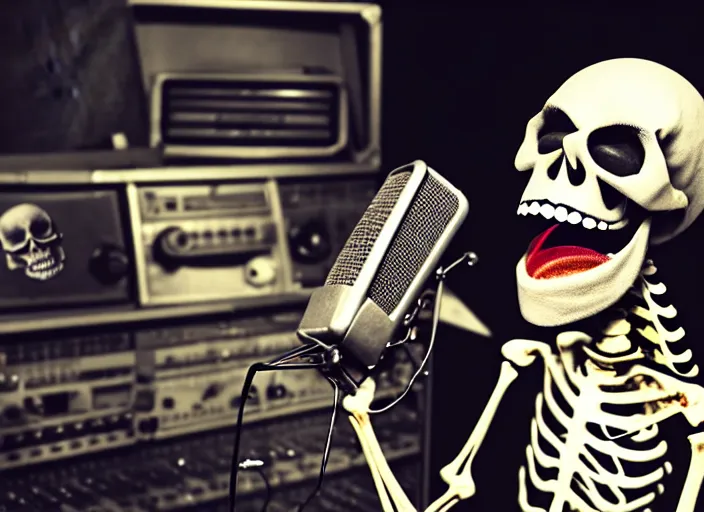 Image similar to an enraged cowboy skeleton man screaming into a microphone while kicking over piles of soda cans in a rundown radio station studio