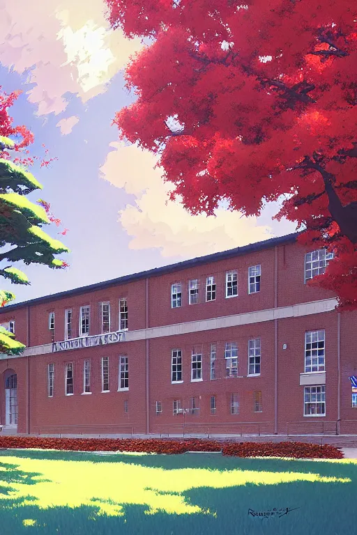 Image similar to a colorful traditional american high school building full of students with beautiful trees, morning, by studio ghibli painting, superior quality, masterpiece, traditional Japanese colors, by Grzegorz Rutkowski, concept art