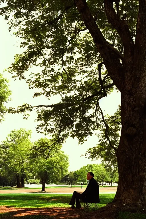 Image similar to a detective from the 5 0's, sitting in a park under a big tree