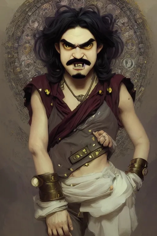 Image similar to portrait of Wario from WarioWare, dreamy and ethereal and dark, smiling expression, dark fantasy, chaotic, elegant, highly detailed, digital painting, artstation, concept art, smooth, sharp focus, illustration, art by artgerm and greg rutkowski and alphonse mucha