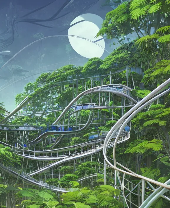 Image similar to simplicity, elegance, a roller coaster building made out of simple organic forms, in the style of a streamlined asymmetrical spaceship, overgrown with jungle, bleak apocalyptic environment, by dan mumford, yusuke murata, makoto shinkai, ross tran, cinematic, unreal engine, cel shaded, featured on artstation, pixiv