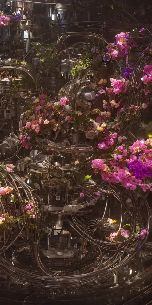 Image similar to a lovely mechanical cornucopia of flowers sci-fi futuristic utopian machine parts wires circuits highly detailed octane render cinematic