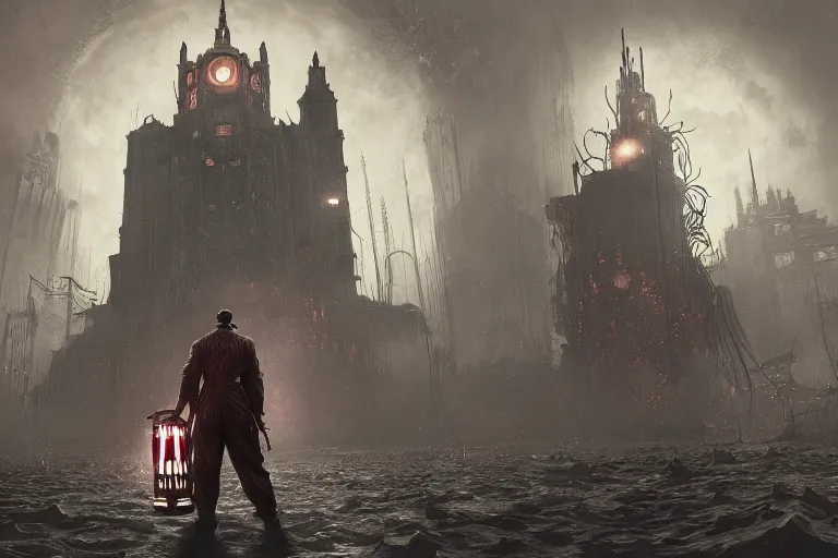 Image similar to an ultra matte painting of a big daddy from bioshock in the style of bloodborne, bioshock, concept art by alphonse mucha and greg rutkowski, scary shadows, blood moon eclipse, octane render, liminal space