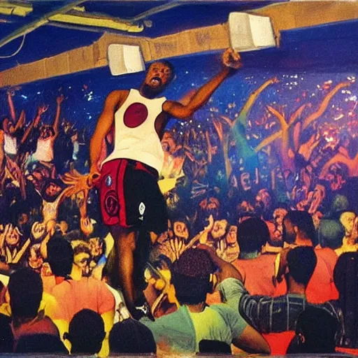 Prompt: colorful painting of an old school hip hop concert taking place on a basketball court behind a large brick apartment at night, many people dancing with their hands in the air, a rapper is standing on stage yelling into the mic, a dj with audio equipment at the back of the stage, in the style of frank frazetta